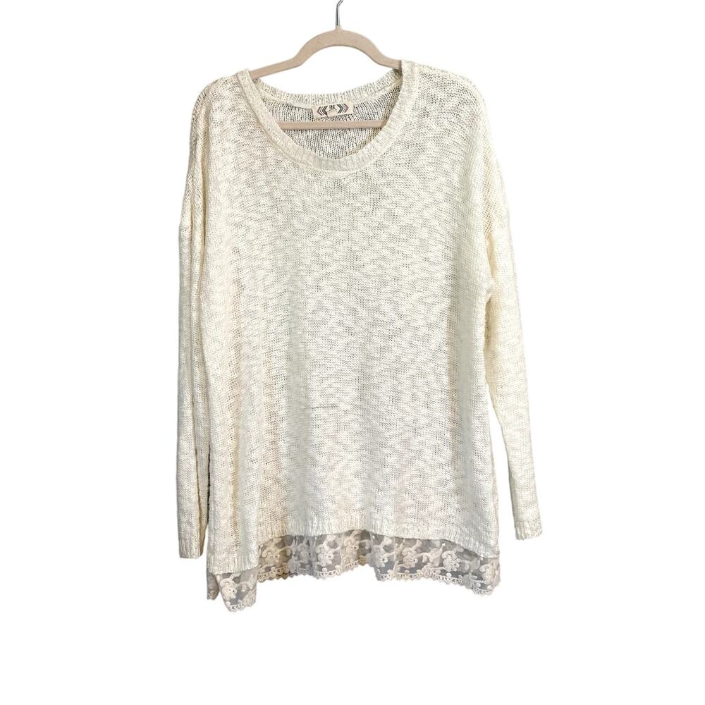 Pink Rose Boutique Womens 1X Plus White Lace Sweater Long Sleeve Shirt Neck Top
